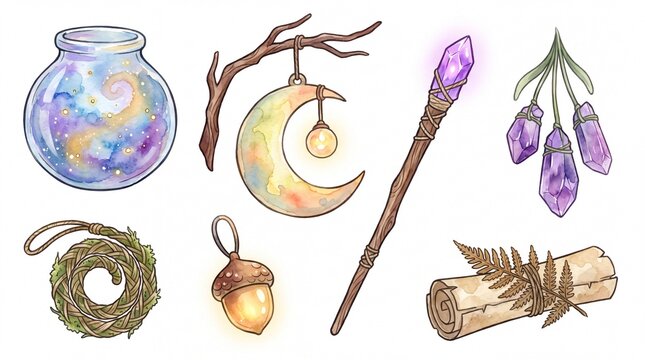 Enchanting fantasy magic items, a mystical collection of wizardry and witchcraft elements. Whimsical watercolor illustrations for spellcasting, potion making, and magical storytelling.