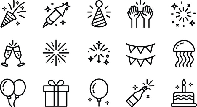 Party and celebration line icon set featuring birthday cake, balloons, gift box, champagne toast, popper confetti, rocket firework, and bunting flags isolated on white background..eps