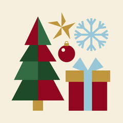 Naklejka premium Minimalist Christmas vector illustration with tree, gift, star and snowflake