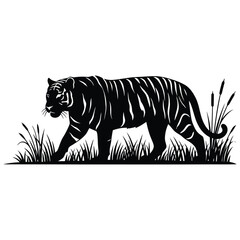 Obraz premium Flat vector illustration silhouette of a majestic tiger walking in tall grass