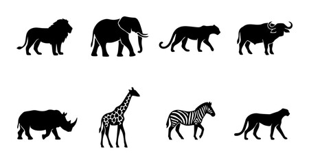 Obraz premium African Safari Animal Silhouettes Collection, Wildlife Icons Set, Majestic Fauna Vector Graphics