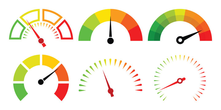 Speedometer gauge meter icons. Risk meter icon set. Vector scale, level of performance. Speed indicator.  Vector illustration.