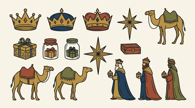 Set of hand drawn nativity icons featuring wise men and camels
