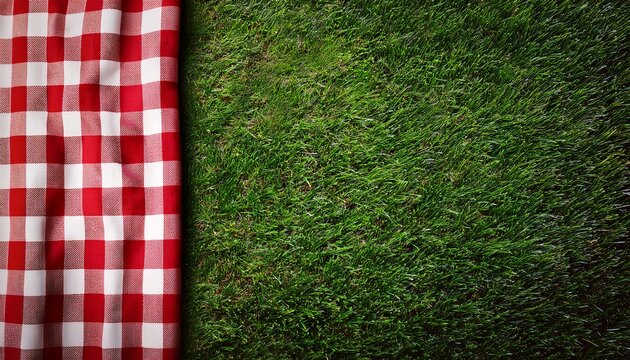 grass background with red and white check cloth side border top view banner copy space summer outdoor food or picnic theme