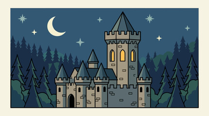 A medieval stone castle stands tall under the glowing night sky © abi