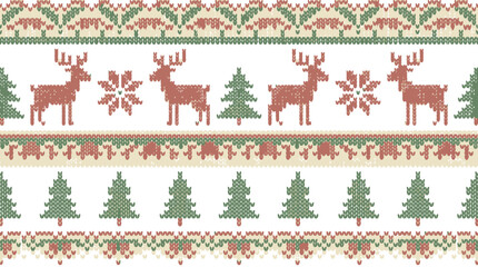 A festive knitted pattern featuring reindeer and evergreen trees for winter holidays © mama