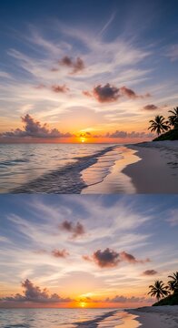 Vibrant Tropical Beach Sunset Glowing Over Gentle Ocean Waves and Palm Shore