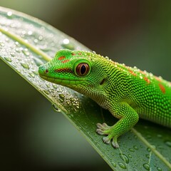 Fototapeta premium Vivid Green Gecko Resting on Dew Covered Tropical Leaf in Rainforest