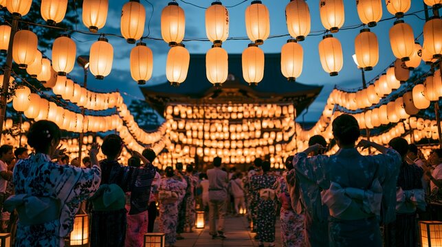 iconic Obon Festival celebration featuring glowing lanterns, Bon Odori dancers, traditional yukata, Japanese temple architecture, peaceful spiritual atmosphere, warm summer evening, authentic