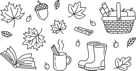 Autumn fall season vector doodle set with leaves basket acorn book boots and hot mug isolated on white background © MDNAIMUR