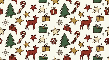 Whimsical hand-drawn Christmas pattern with festive trees, reindeer and gifts © mama