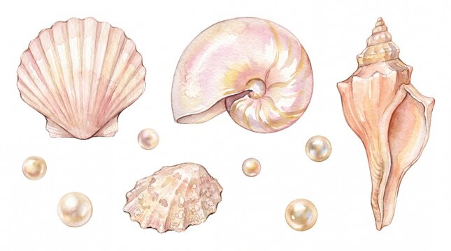 Elegant watercolor seashell and pearl collection, a delicate marine life illustration set. Beautiful ocean treasures, perfect for coastal design and summer themes.