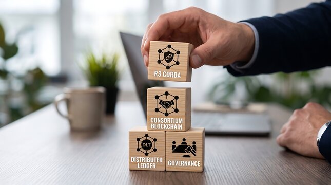 Businessman building blockchain technology concept with wooden blocks on office desk