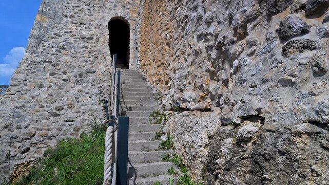 Medieval stone staircase leading up Ulcinj city wall in Montenegro