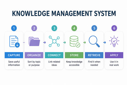 A diagram illustrates the six stages of a Knowledge Management System: Capture, Organize, Connect, Store, Retrieve, and Apply.