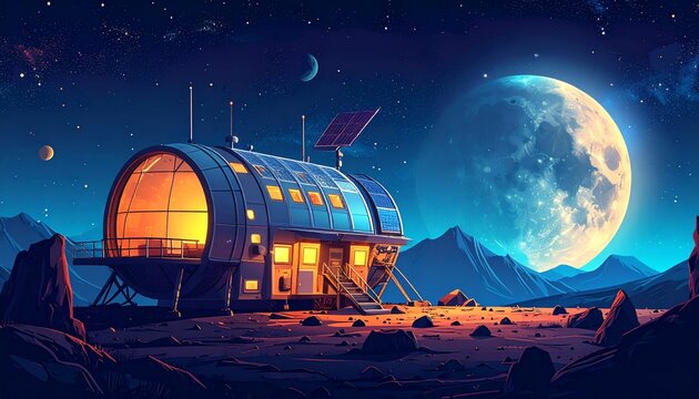 Futuristic lunar mining base with Earth and space backdrop.