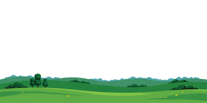 Cartoon landscape illustration with green grassy hills and small trees under a clear sky