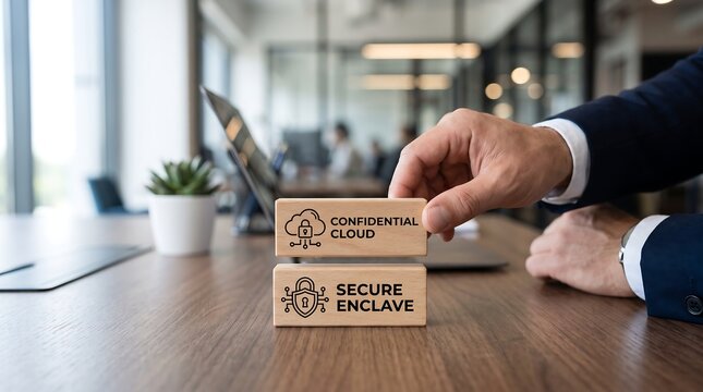 Businessman placing wooden block with confidential cloud on secure enclave in office