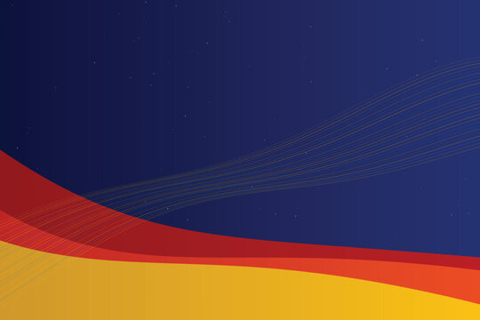 Deep blue background, with red and, yellow curved layers, thin golden lines, and scattered white dots
