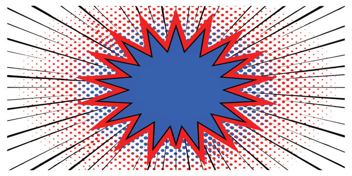 Comic book style star burst speech bubble with halftone pattern and radial action lines