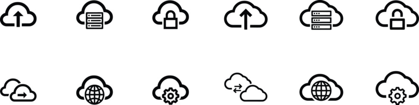 Set of line icons featuring cloud storage computing network concepts for professional website design.