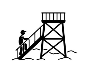 Naklejka premium Black and white icon of a lifeguard climbing the steps of a beach watchtower for coastal safety and ocean surveillance