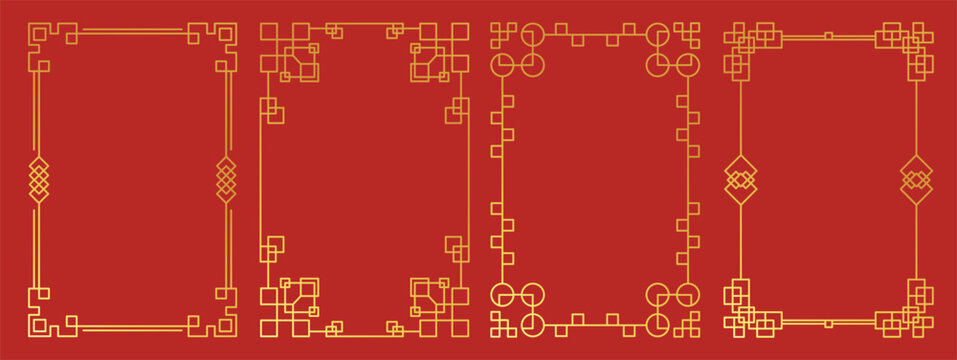 Luxury Chinese decorative frame border vector set. Elegant oriental line art rectangle and square borders with traditional ornaments for Chinese New Year invitation, menu, label and festive branding.