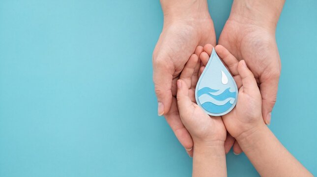 Adult and child hands holding a blue water droplet symbol with waves against a light blue background representing water conservation and sustainability