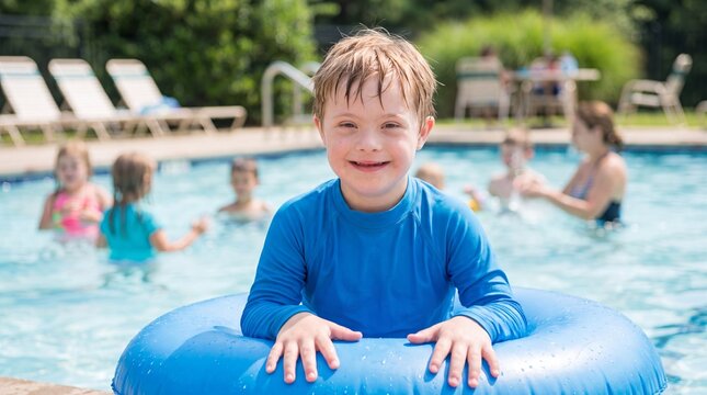 Young boy with Down syndrome smiles while sitting in a blue inflatable ring at a swimming pool with children playing in the background