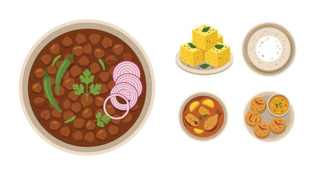 Delicious Indian regional specialty Cuisine Assortment punjab chole, gujarat dhokla, kerala appam, bengali macher jhol, rajasthan dal baati.