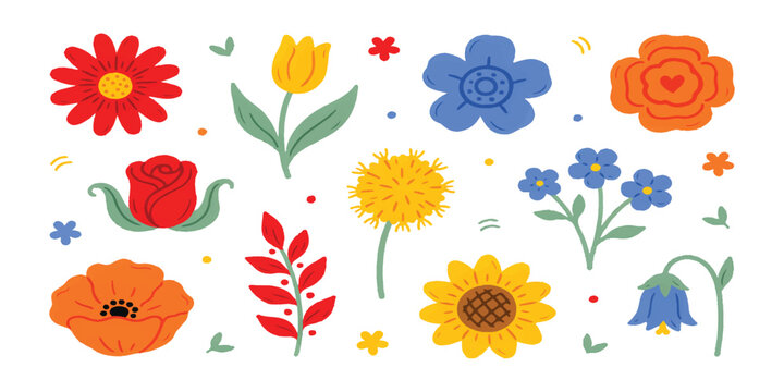 Set of colorful hand drawn spring flowers and botanical elements in doodle style