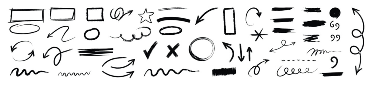 Collection of hand drawn doddle arrow set. Hand drawn line arrow brush underline marker check pen highlight texture. Curved cartoon arrows sketches collection. Vector illustration