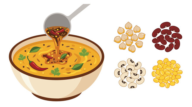 Delicious Indian lentil and legume with Assorted dal tadka tempered, chana masala chickpea, rajma kidney beans, lobia black eyed pea, moong dal yellow lentil.