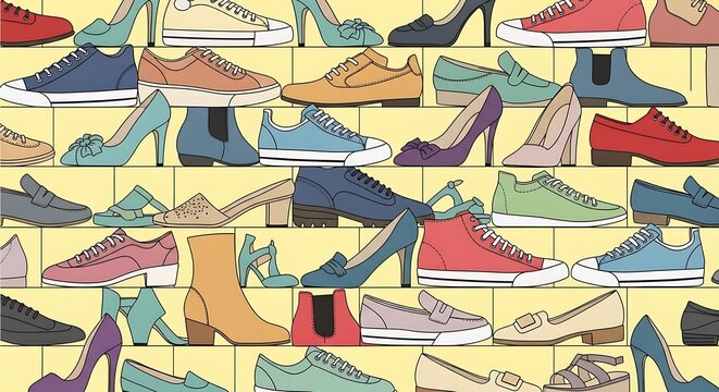Colorful Assorted Shoes Arranged in Repeating Display Pattern