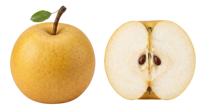 Whole and halved Asian pear with stem and leaf on white background