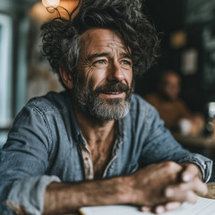 Fototapeta premium Bearded man smiles warmly at the camera. Wearing a faded denim shirt, he leans forward. His hands rest gently on a notebook. Soft background lights create a cozy, intimate setting