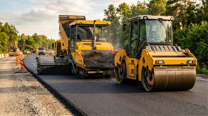 Road roller and asphalt paver at highway construction work. Heavy industrial machinery machinery building new road surface. Infrastructure development project pavement industry concept. © Dinar
