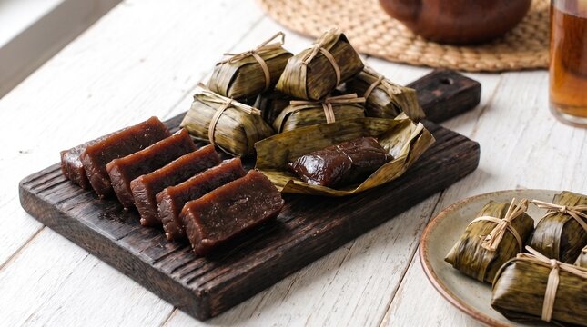 Traditional Indonesian Dodol Betawi, a sweet and sticky coconut sugar confection, sliced and wrapped in banana leaves on a rustic wooden board.