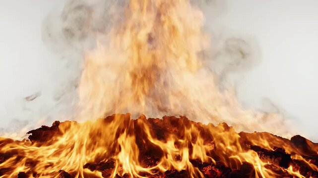Intense fire erupts, casting vibrant orange flames and wisps of grey smoke into the air