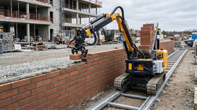 Robotic bricklayer machine constructing masonry wall on building site. Automated construction technology installing red brick with mechanical arm. Innovation in civil architecture industry.