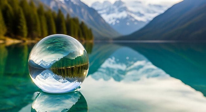 Clear Glass Sphere Reflecting Mountain Lake Landscape in Alpine Wilderness
