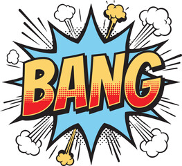 Fototapeta premium Comic book bang sound effect, retro pop art, blue starburst, and vector illustration on isolated transparent background