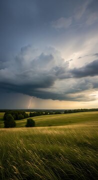 Dramatic Storm Clouds with Lightning Over Rolling Green Grassland at Sunset