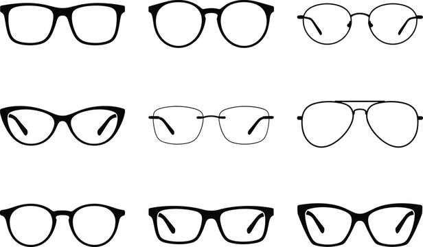 Solid black glasses frame vector silhouette set featuring modern and retro minimalist eyewear styles