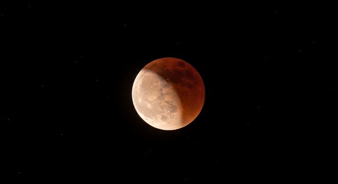 Reddish Lunar Eclipse Moon Glowing Against Dark Night Sky