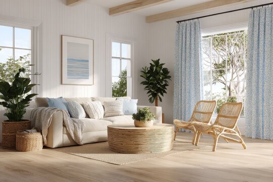 Minimalist white-and-blue frame mockup in a Japandi farmhouse living room with wicker seating