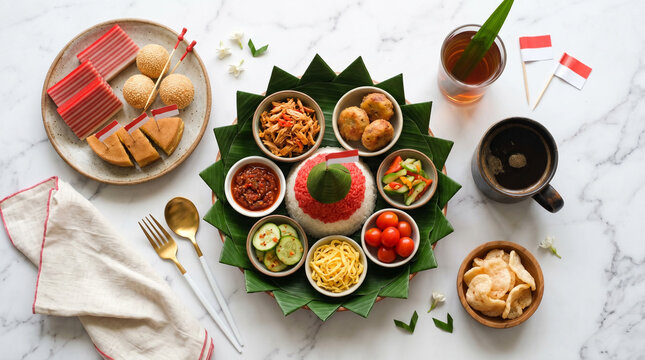 Indonesian Nasi Tumpeng with Traditional Snacks and Drinks