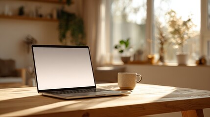 Fototapeta premium Modern home workspace featuring a slanted laptop and an empty display under warm natural light
