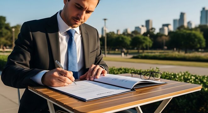 Focused Businessman Signing Document at Outdoor Table in City Park