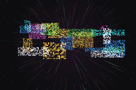 Glitching pixelated geometric explosion with vibrant neon colors pixel art multicolored